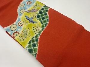 縮緬地絞り手描き変わり横段に鶴・花・笹模様名古屋帯